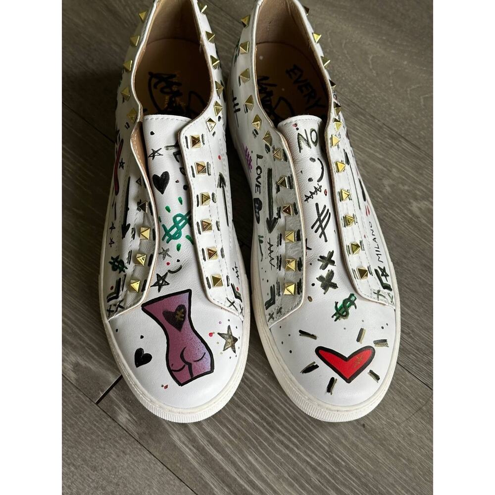 Michele Lopriore Studded Graffiti Sneakers White Leather Slip On Italy 41